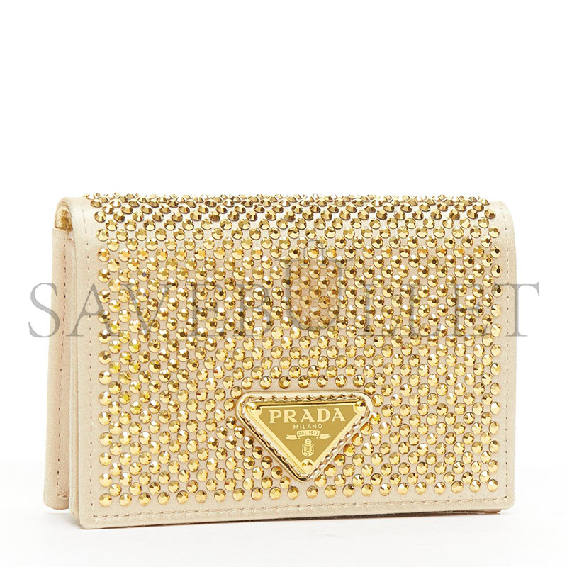 PRADA SATIN CRYSTAL METAL TRIANGLE LOGO CARD HOLDER WITH STRAP CRISTAL 1MR024  (11.5*8cm) 